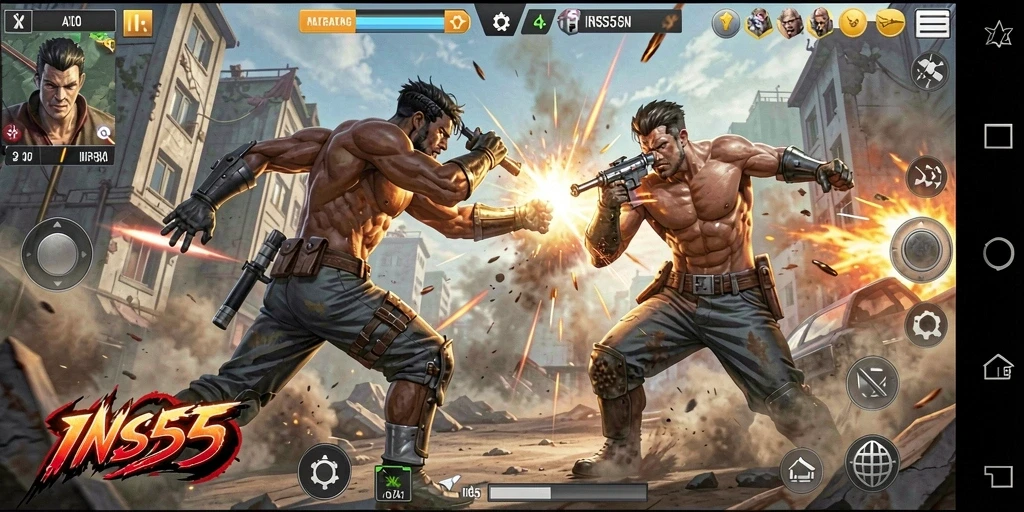 Tangkapan layar gameplay INS55 dengan aksi pertempuran yang mendebarkan.