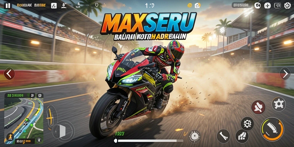 Tampilan dinamis dari gameplay balapan motor yang seru.