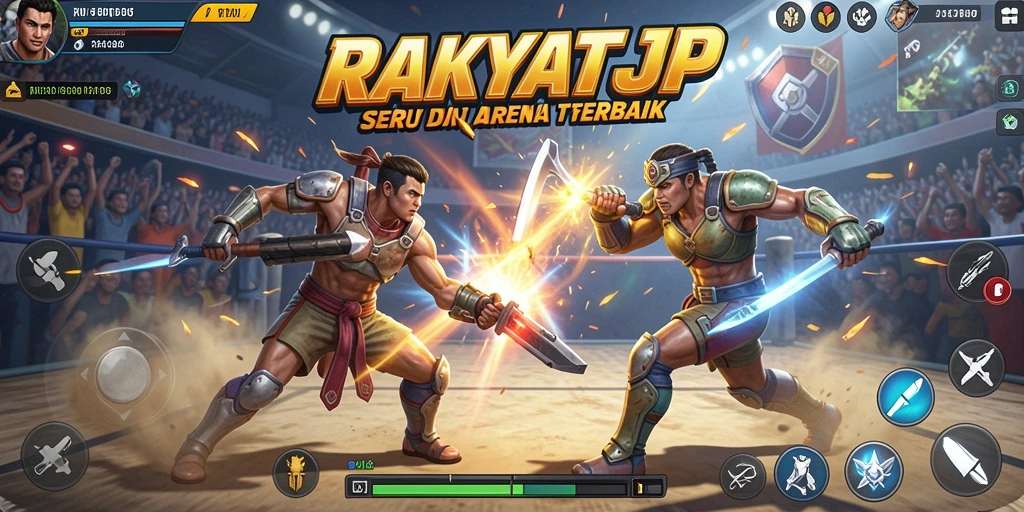 Screenshot menampilkan pertarungan seru karakter di arena RAKYATJP.